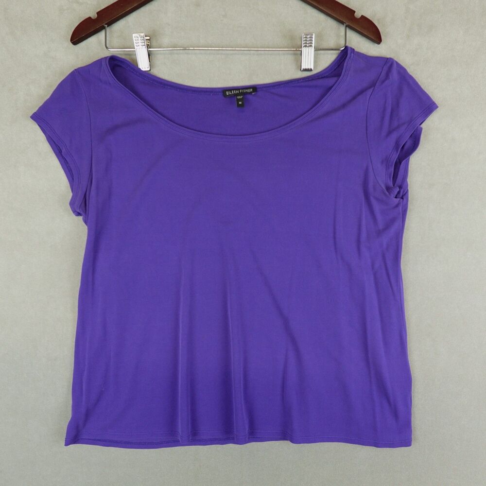 Eileen Fisher Shirt 100% Silk Jersey Short Sleeve Scoop Neck Tee Purple Classic